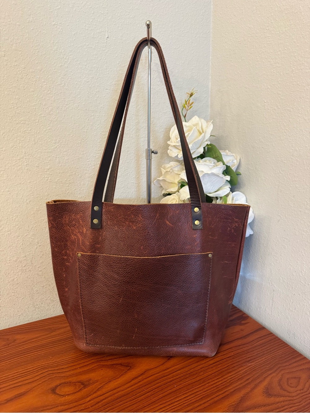 Portland Leather Chestnut Brown Leather Tote with Front Pocket